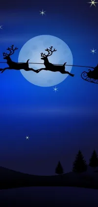 This phone live wallpaper features a Santa Claus sleigh flying against a full moon backdrop