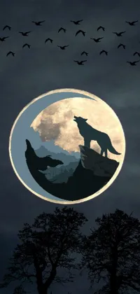 This phone live wallpaper showcases a beautiful wolf silhouette contrasted against a stunning full moon