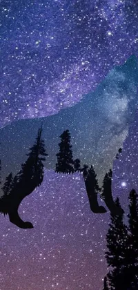 This live wallpaper showcases a striking image of a wolf overlooking a dense forest under a beautiful night sky