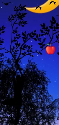 This live wallpaper showcases a digital rendering of an apple tree with a full moon in the background
