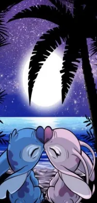 This live phone wallpaper features a charming cartoon couple holding hands as they sit in the moonlit forest, surrounded by adorable animal friends, including a whale, elephant, robot, and alien