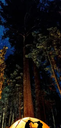 This live wallpaper showcases a mesmerizing depiction of a couple standing by a tent in a forest