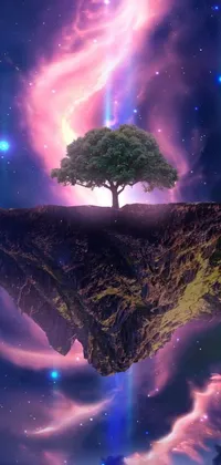 This stunning live wallpaper features a tree perched atop a floating island amid a cosmic nebula