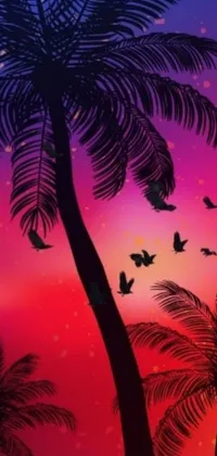 This live wallpaper for phones features a sunset with palm trees and birds flying in the sky