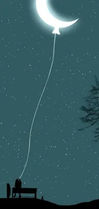This live wallpaper features a dreamy scene of someone sitting on a bench, gazing up at the moon in a teal sky