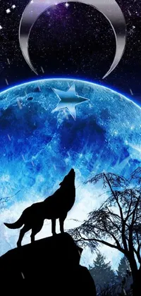 This live wallpaper features a wolf standing on a rock with the full moon in the background