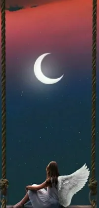 This 2D live wallpaper shows an enchanting scene of a girl sitting on a swing under a full moon