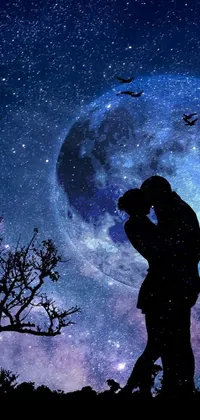 This is a stunning digital art live wallpaper for your phone featuring a couple sharing a passionate kiss in front of a full moon