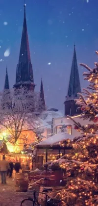 This is a stunning Christmas-themed live wallpaper capturing a festive scene of people walking down a city street, next to a beautifully decorated Christmas tree