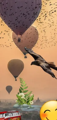 This live wallpaper features a stunning image of a flying bird and colorful balloons set against a city morning backdrop