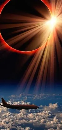 This stunning phone live wallpaper depicts an airplane soaring through space during a unique solar eclipse