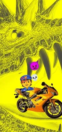 This live wallpaper features a playful cartoon character riding on a motorcycle in an impressionistic, photoshopped collage style