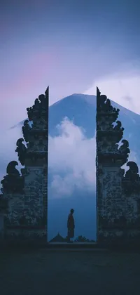 Enjoy the beauty of nature and awe-inspiring architecture with this phone live wallpaper featuring a stunning gate and a towering mountain in the background