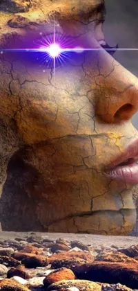 This phone live wallpaper features a mysterious woman with a purple light illuminating her face, lying on a golden stone in a cracked earth landscape