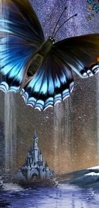 This live phone wallpaper features a stunning butterfly soaring over a splendid waterfall with a striking castle in the background