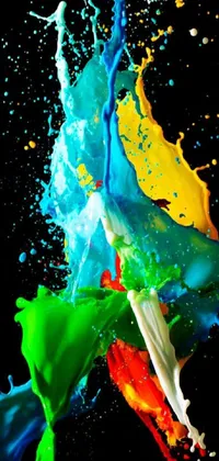 Get a stunning live wallpaper for your phone! This design features a colorful burst of paint in motion against a dark black background that appears to be in action