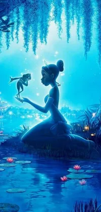 This captivating live wallpaper showcases a charming young girl comfortably seated on a rock, holding an adorable frog