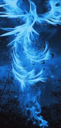 This phone live wallpaper features a beautiful blue bird flying among a starry digital art night sky