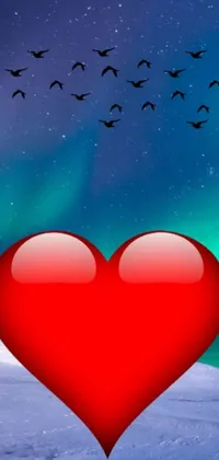 This live phone wallpaper depicts a red heart placed on top of a snowy ground, with an Antartic night sky in the background