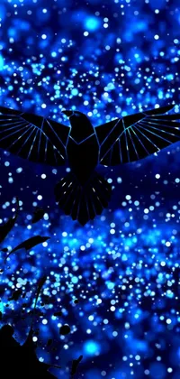 This phone live wallpaper showcases a digital art illustration of a bird in flight, with a blue bioluminescence background and dynamic major arcana mason sparkles snaking through the sky