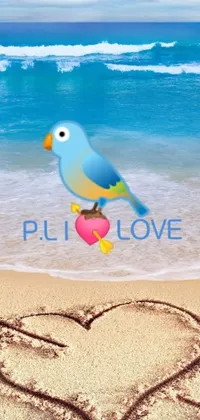 This phone live wallpaper depicts a charming bird sitting on a sand-drawn heart, surrounded by a logo for a social network