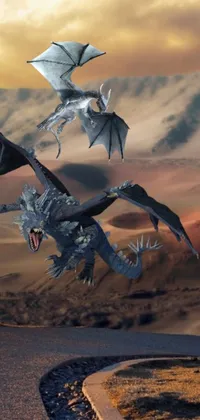 Experience the magic of dragon flight with this stunning phone live wallpaper, featuring two majestic dragons soaring gracefully over a winding road