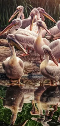 Get mesmerized by the stunning live wallpaper featuring a group of pelicans standing near a water body