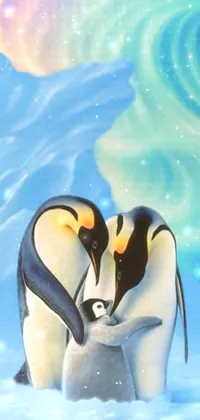 This live wallpaper showcases two penguins standing side-by-side in an airbrush painting with a loving embrace