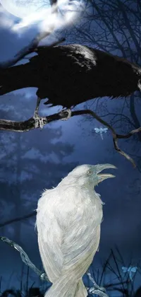 This phone live wallpaper portrays a white bird perched atop a tree branch, featuring a gothic art-inspired design with vultures and a skulled creature in the backdrop