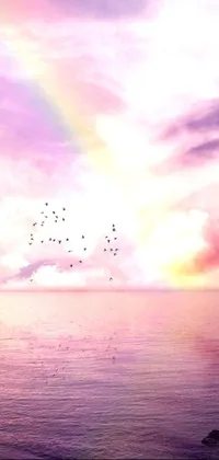 This gorgeous phone live wallpaper showcases a flock of birds flying over water, complete with a rainbow-colored cloud and a background picture