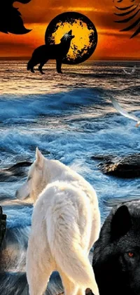 This live phone wallpaper features two white dogs standing on a beach, beautifully rendered in fantasy-inspired art