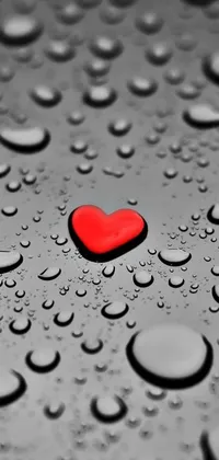 The Red Heart Live Wallpaper features a striking design of a bold, red heart on a sleek black surface adorned with shimmering water droplets