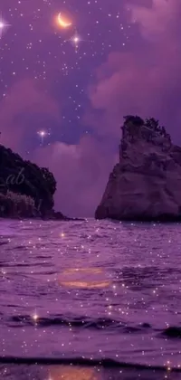 This stunning phone live wallpaper showcases a captivating purple sky dotted with countless shining stars, framed by a serene body of water