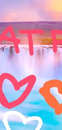 This live wallpaper showcases two hearts in front of a waterfall, set in an airbrush style with a blurred and glitchy effect
