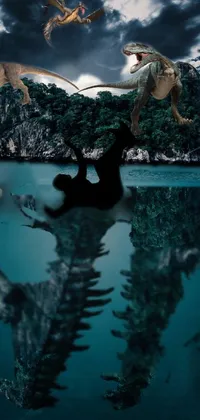 This stunning live wallpaper showcases a group of prehistoric creatures standing on water