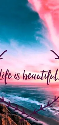 This phone live wallpaper features a heart-shaped frame with the words "life is beautiful" and a nature scene by the artist Olivia Peguero from Pixabay