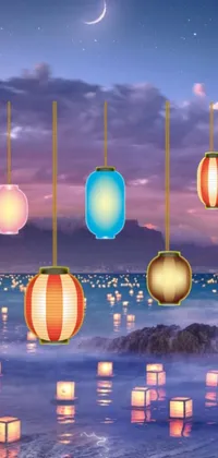 This live phone wallpaper features a digital rendering of lanterns on water inspired by Miyagawa Isshō