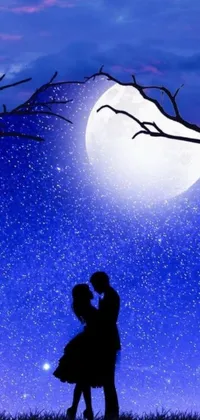This phone live wallpaper features a captivating digital rendering of a couple sharing a kiss in front of a full moon