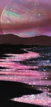 This stunning live wallpaper depicts a serene sunset over a body of water surrounded by space elements