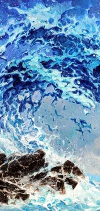 This live wallpaper showcases a stunningly detailed depiction of a wave crashing over rocks in azure blue water