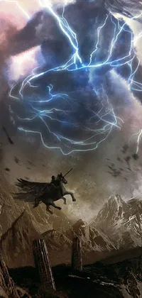Looking for an incredible fantasy wallpaper that'll amaze you every time you look at your phone screen? Look no further! This phone live wallpaper is nothing short of breathtaking, featuring a man on horseback powering through a fierce storm beset by lightning and thunder