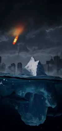 This phone live wallpaper features a stunning depiction of an iceberg atop a body of water with a meteor impact behind a dinosaur