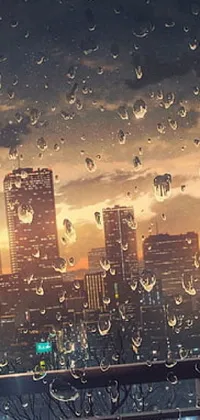 This live wallpaper features a stunning view of a city skyline through a rainy window