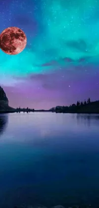 This phone live wallpaper showcases a mesmerizing scene featuring a full moon rising over a calm expanse of water