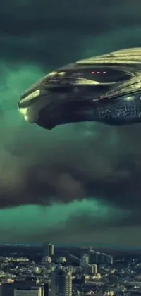 Transform your phone's wallpaper into a stunning live scene of an alien flying over a glowing city under an overcast sky