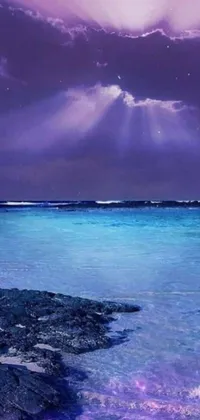 This live phone wallpaper showcases a serene water body illuminated by the beautiful moon in the purple and blue skies