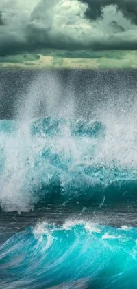 This phone live wallpaper features a captivating digital art scene of a surfer riding a colossal wave during a thunderstorm