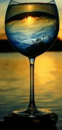 This stunning live wallpaper depicts a glass of wine on a table against a photorealistic painting