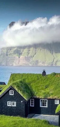 This beautiful live wallpaper features two black houses situated atop a lush green hillside, surrounded by a breathtaking ocean