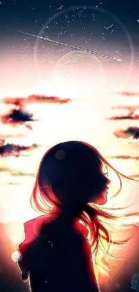 This phone wallpaper offers an enchanting scene of a young girl standing before a mesmerizing sunset; a blend of digital art and anime poster film still portrait lends a touch of Tumblr-esque charm to the design